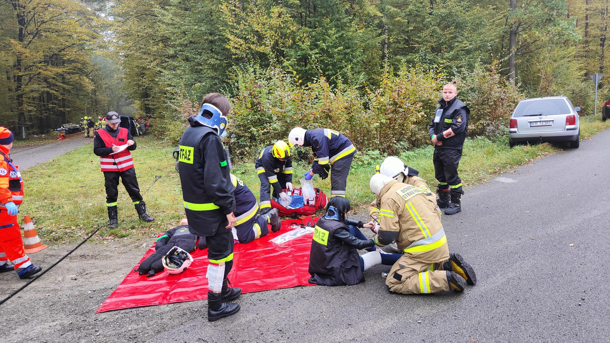 Strażacy ćwiczą udzielanie pierwszej pomocy przedmedycznej. Na ziemi leży czerwona mata na której znajdują się poszkodowani.