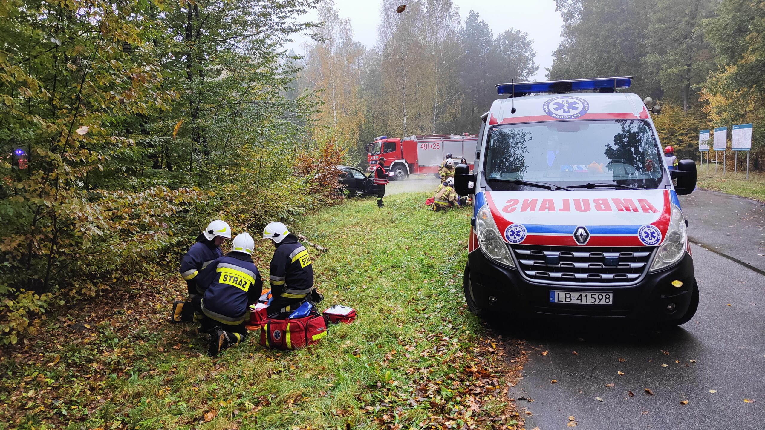 Ambulans Pogotowia ratunkowego stoi na poboczu leśnej drogi. z Lewej strony trzech strażaków ćwiczy udzielanie pierwszej pomocy przedmedycznej.